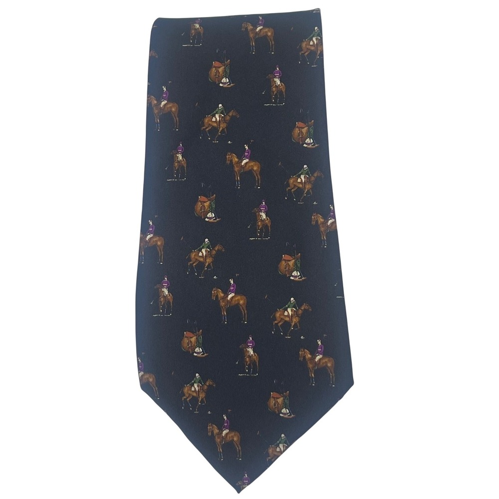 VTG‎ Polo By Ralph Lauren Navy Blue Equestrian Polo Horse Handmade Silk Tie USA
